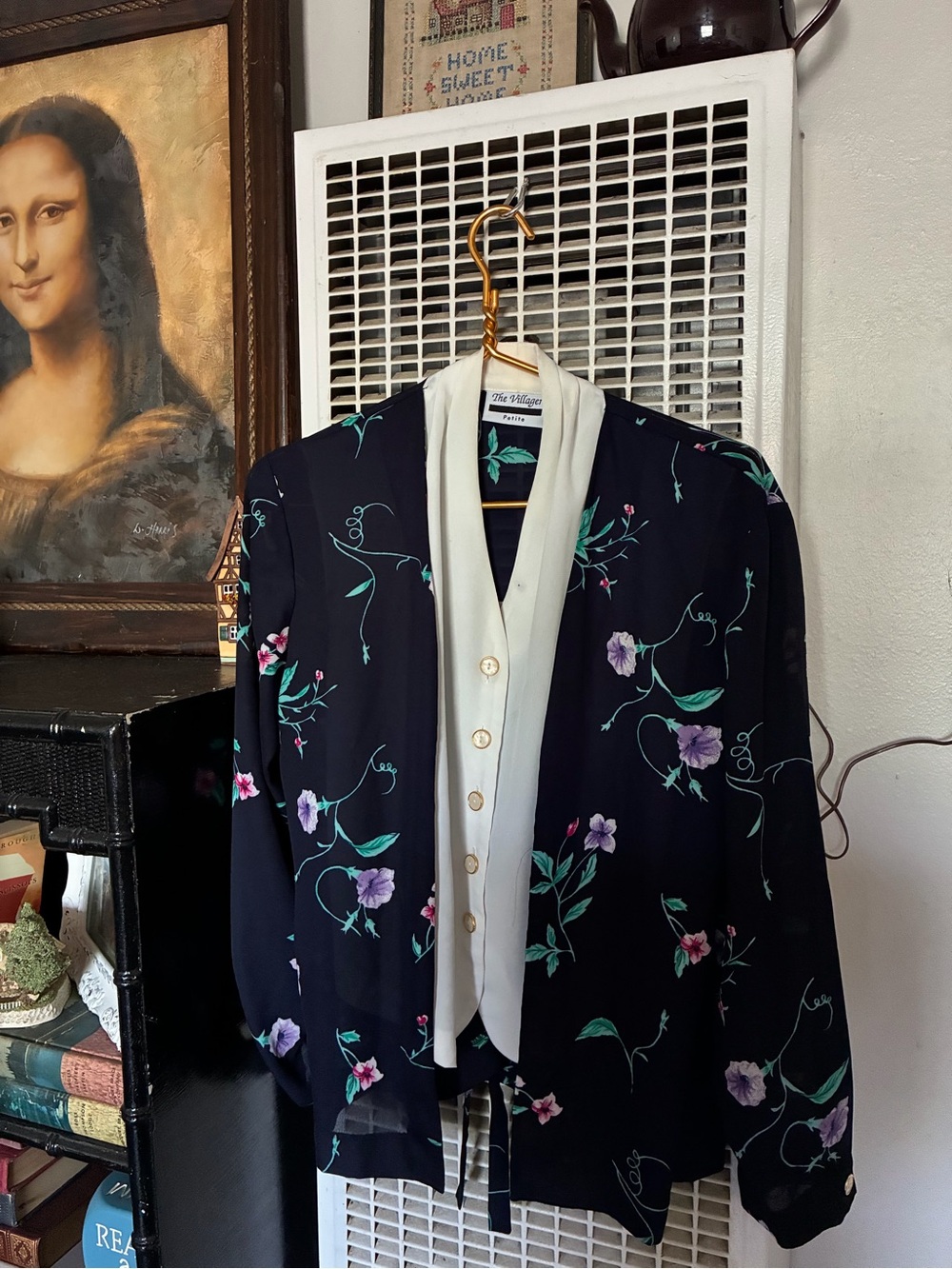 Vintage The Villager Blouse Floral Motif and Cream Trim attached vest. 1980’s.
